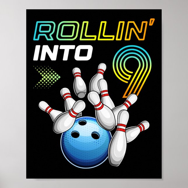 Poster Rollin Into 9 Retro Bowling Annithday Party 9th Bi (Devant)