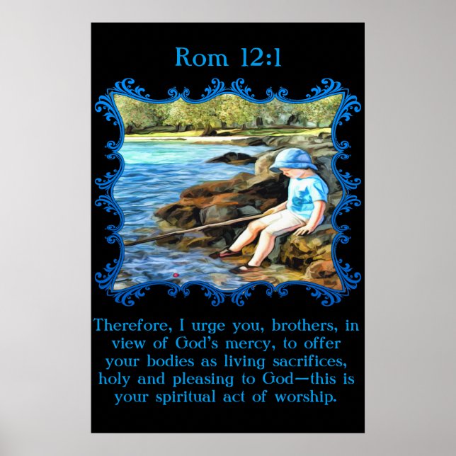 Poster Rom 12:1 Enfant garçon pêche dans la rivière. (Devant)