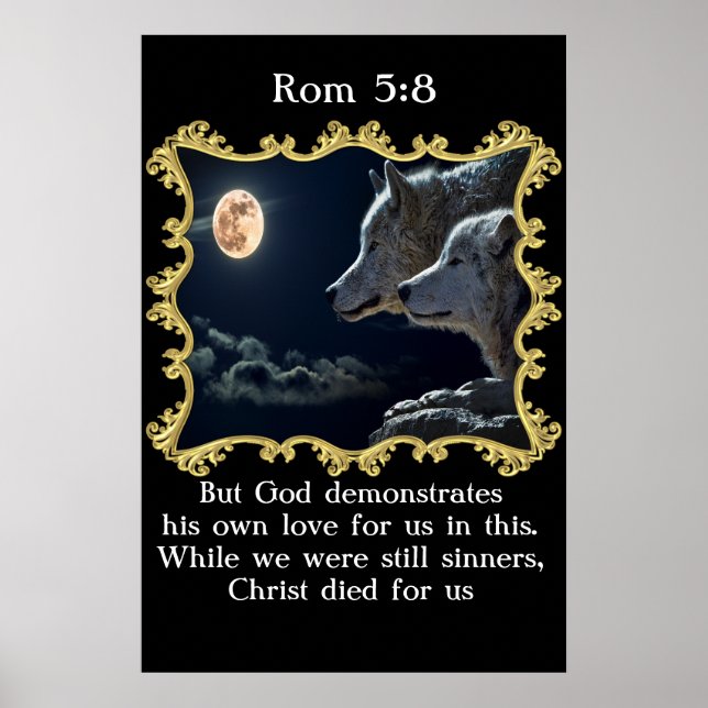 Poster Rom 5:8 Loups regardant la pleine lune. (Devant)