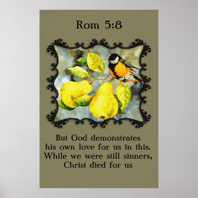 Poster Rom 5:8 Oiseaux moqueurs canaris noirs et jaunes (Devant)