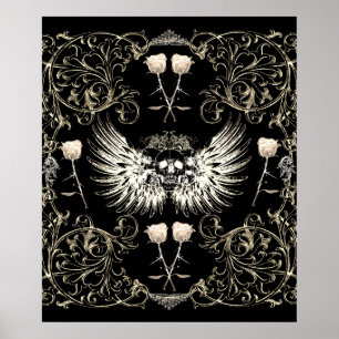 Poster Romance gothique victorien crâne ailes et roses bl