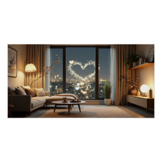 Poster Romantic City Night with Heart Lights