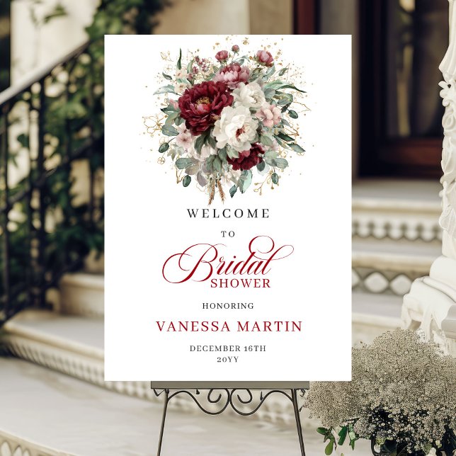 Poster Romantic Marsala Floral Eucalyptus Welcome Sign (Romantic Marsala Floral Eucalyptus Welcome Sign)