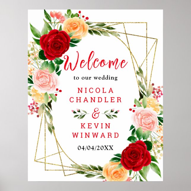 Poster Romantic Red and Orange Roses Wedding Welcome Sign (Devant)