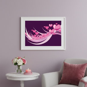 Poster Romantique Abstrait Coeurs Rose Design Sur Violet