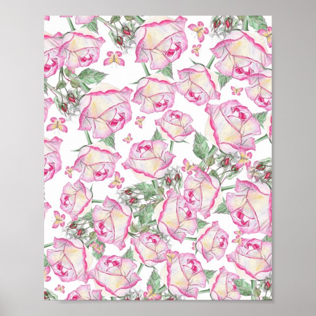 Poster Romantique blanc rose jaune d'été rose floral (Devant)