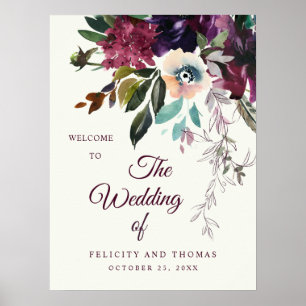Poster Romantique Bourgogne Floral Mariage d'ivoire Bienv
