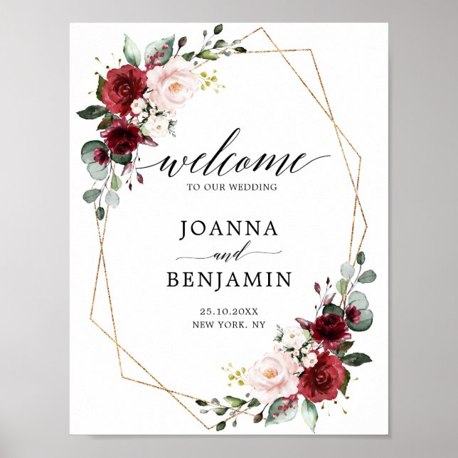 Poster Romantique Bourgogne Floral Mariage géométrique Bi (Devant)