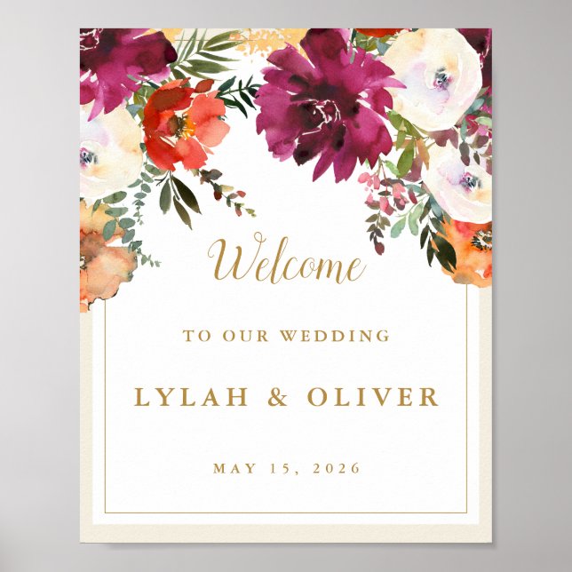 Poster Romantique Bourgogne Florale Mariage Bienvenue (Devant)