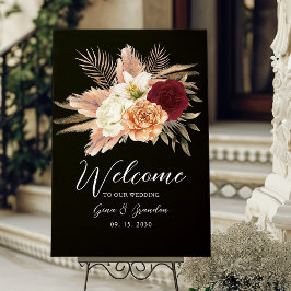 Poster Romantique Bourgogne Noir Floral Mariage Bienvenue