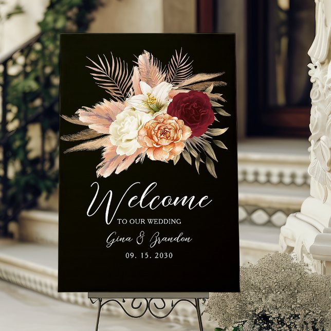 Poster Romantique Bourgogne Noir Floral Mariage Bienvenue (Créateur téléchargé)
