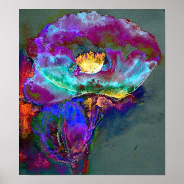 Poster Romantique élégant violet turquoise peinture de fl (Devant)