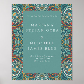 Poster Romantique géométrique Mandala doux bleu gris et r