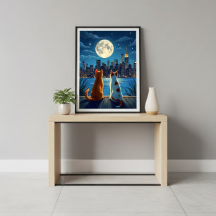 Poster Romantique nuit citadine paysage chats clair de lu
