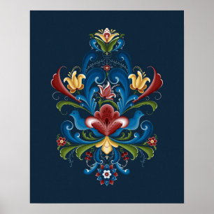 Poster Romarin scandinave Folk bleu rouge