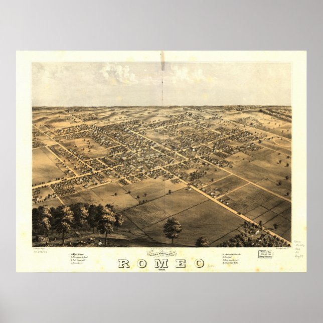 Poster Romeo Michigan 1868 Antique carte panoramique (Devant)