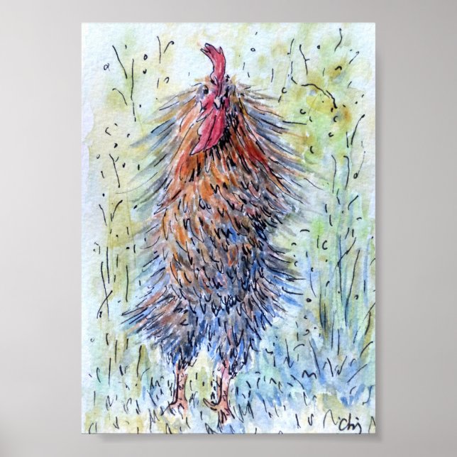 Poster Rooster amusant de peinture aquarelle (Devant)