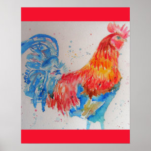 Poster Rooster rouge Aquarelle Peinture Fête des pères Pa