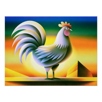 Poster Rooster stylisé contre le coucher de soleil animé