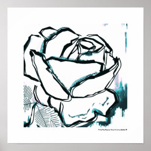 Poster Rose Aqua Rose Blanche Noir Moderne - Pop Art Fleu