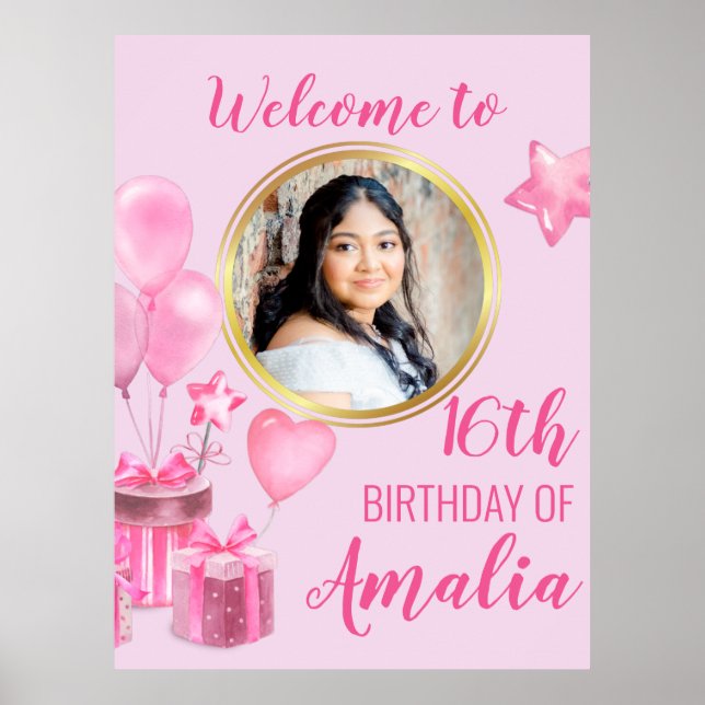Poster Rose avec des cadeaux et ballons photo ronde (Devant)
