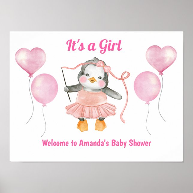 Poster Rose Blanc C'est une fille Baby shower Penguin Acc (Devant)