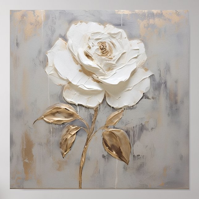 Poster rose blanche avec peinture à la feuille d'or (Devant)