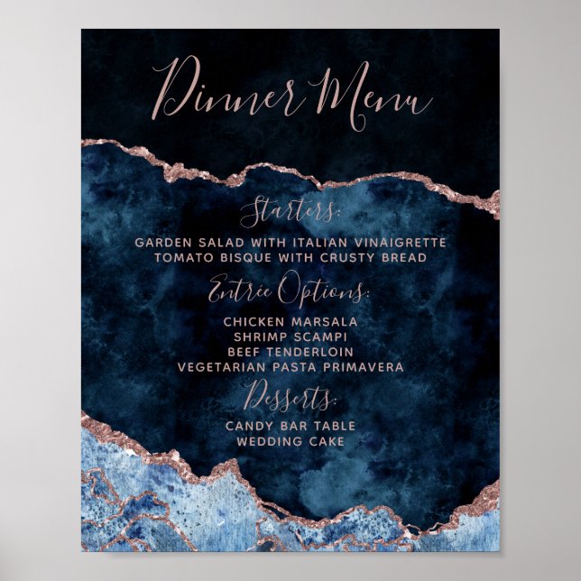 Poster Rose bleu marine Gold Agate Mariage menu Panneau d (Devant)