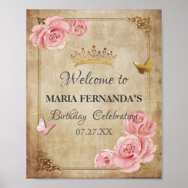 Poster Rose Bleu rose papillon Couronne or Quinceanera (Devant)