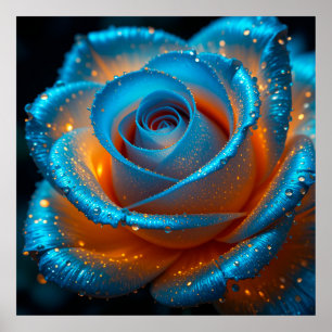 Poster Rose Bleu Vibrant avec des gouttes d'eau en Lig Co