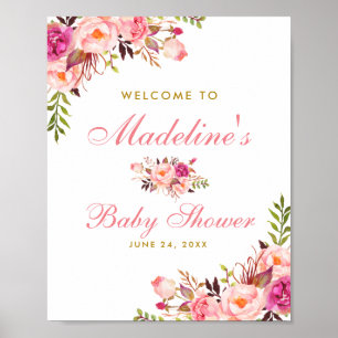 Poster Rose Blush Floral et Baby shower d'or Bienvenue