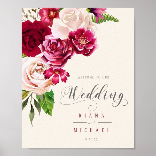 Poster Rose Bourgogne/Crème Mariage Welcome ID584 (Devant)