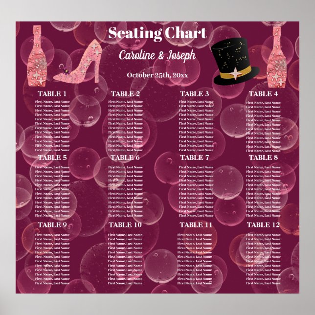 Poster Rose Champagne Bubbly pour 12 sièges Carte de sièg (Devant)