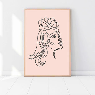 Poster Rose Coloured Line Art, Woman Portrait Illustratio