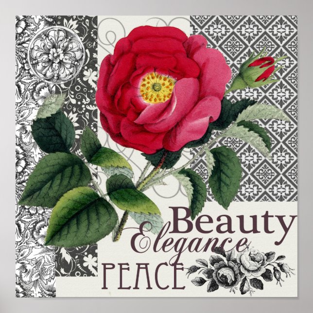 Poster Rose Damask Joli Floral Antique (Devant)