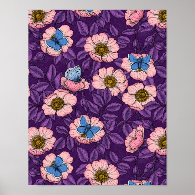 Poster Rose de chien et papillons en rose et violet (Devant)