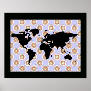 Poster rose de la carte du monde et de la boussole