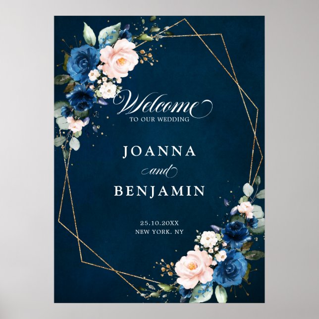 Poster Rose de la marine Blue Blush Mariage géométrique P (Devant)