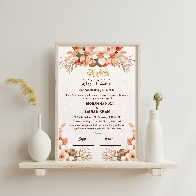 Poster Rose de luxe Gold Floral Frame Nikah contrat (Créateur téléchargé)