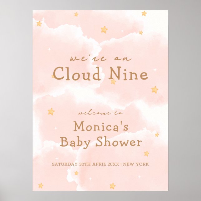 Poster Rose Elegant Nuage Neuf Fille Baby shower Bienvenu (Devant)