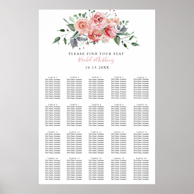 Poster Rose Elégante aquarelle mariage carte de sièges (Devant)