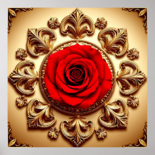 Poster Rose Élégante avec Cadre Décoratif Orné