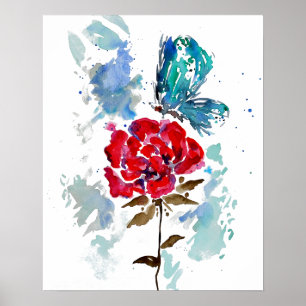 Poster rose et papillon en aquarelle Imprimer