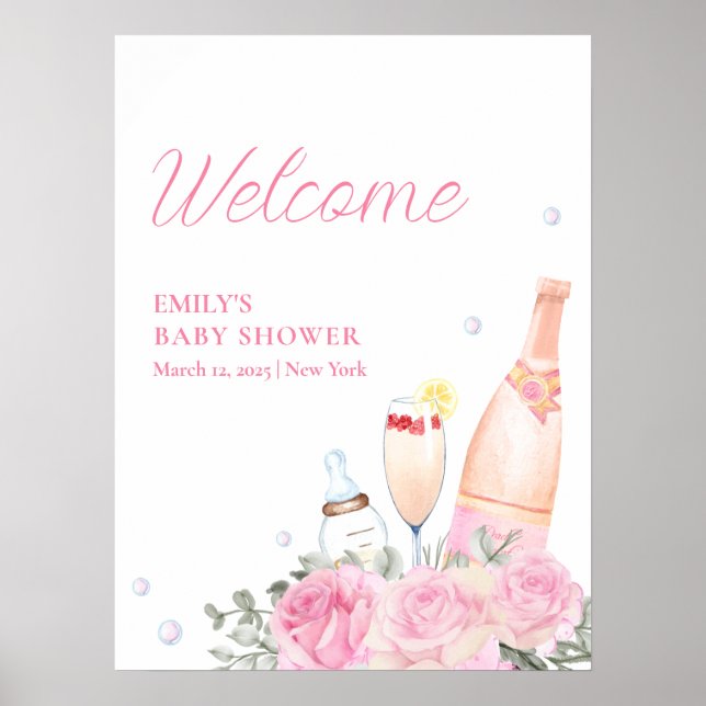 Poster Rose Fleur Poppin Champagne Baby shower Bienvenue (Devant)