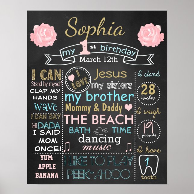 Poster Rose Fleurs Premier Anniversaire panneau de tablea (Devant)