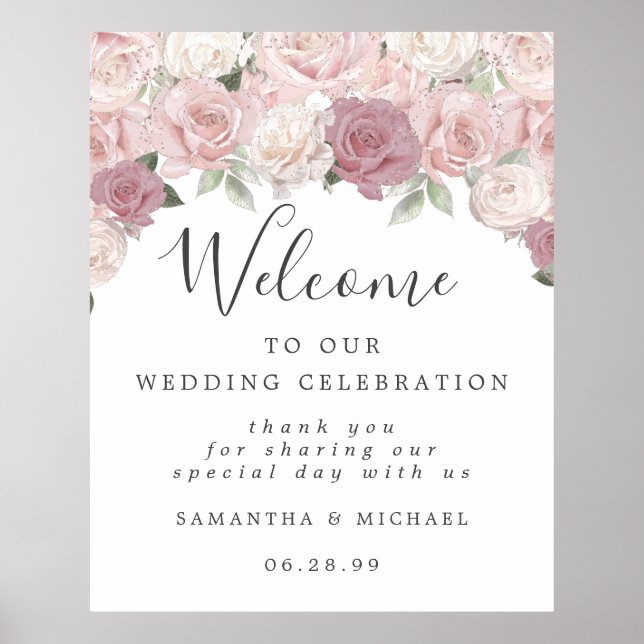 Poster Rose Floral Bienvenue à notre signe Mariage (Devant)