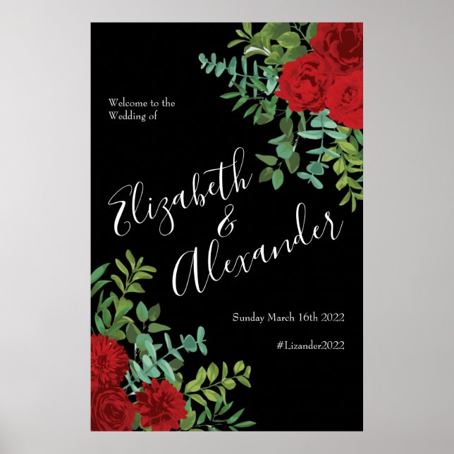 Poster Rose Floral Black et Red Peony Mariage (Devant)