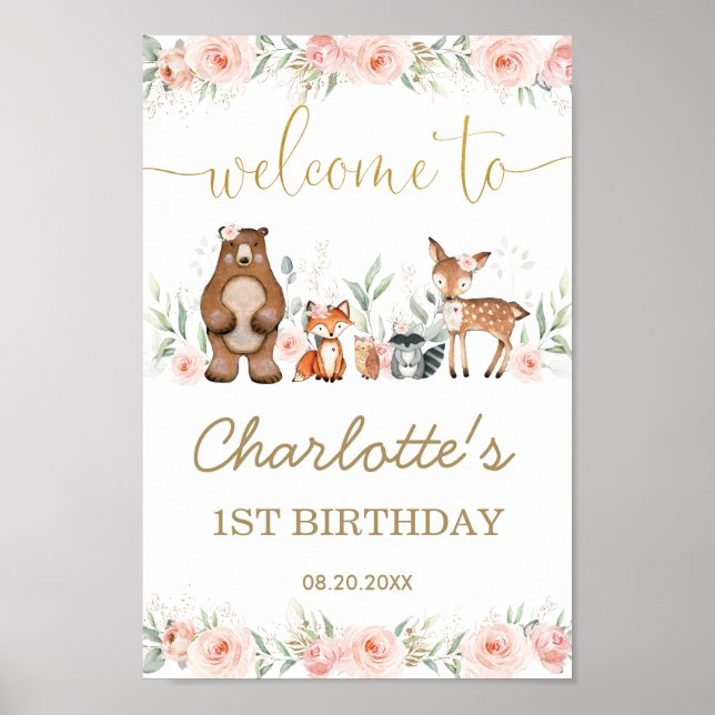 Poster Rose Floral Bois animal 1er anniversaire Bienvenue (Devant)