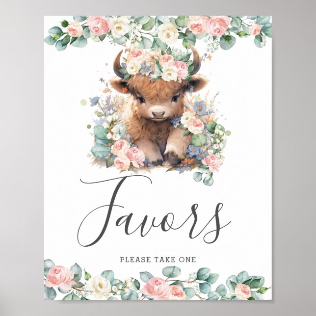 Poster Rose Floral Cute Highland Vache Baby shower Faveur (Devant)