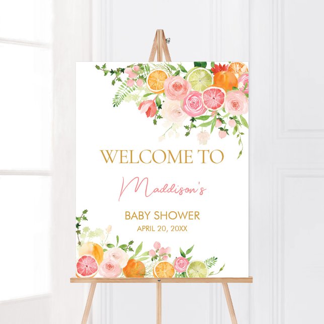Poster Rose Floral Orange Citrus Bienvenue (Girl Lemon Baby Shower Welcome Sign)